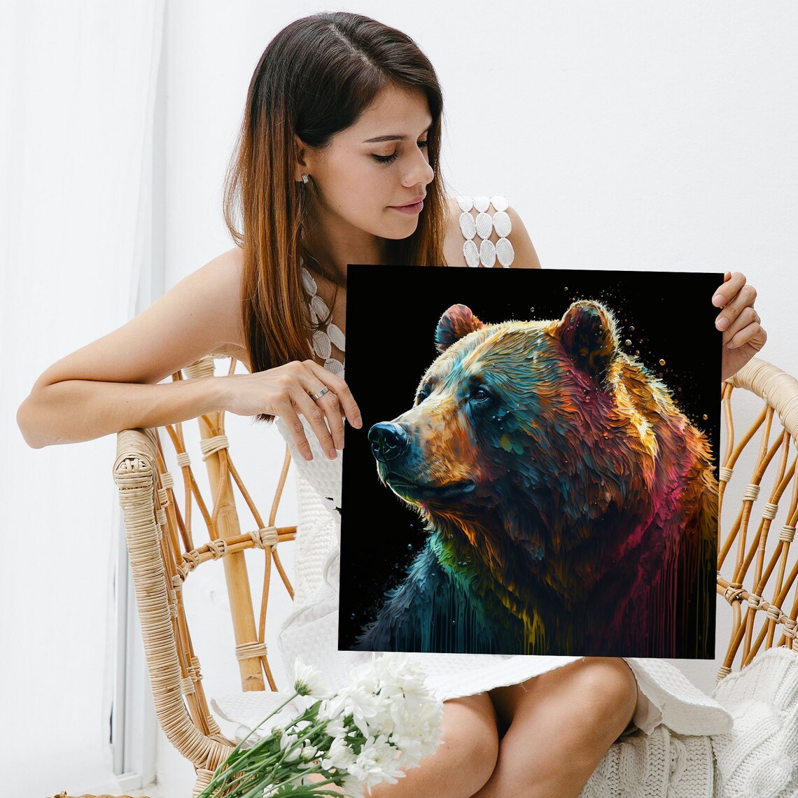 Colorful Abstract Brown Bear Profile Black Background Wildlife Art Poster - Image 3