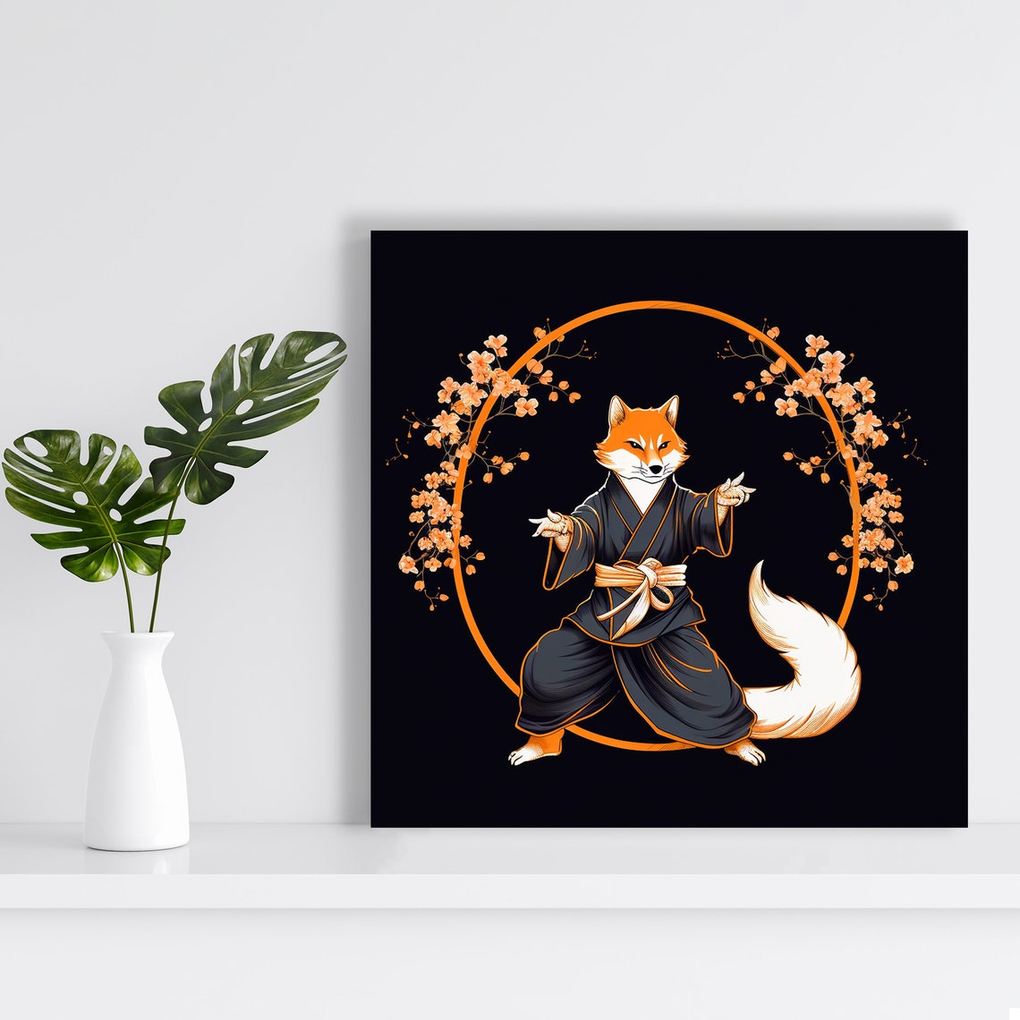 Zen Fox Martial Arts Kimono Cherry Blossom Black Wall Art Poster - Image 2