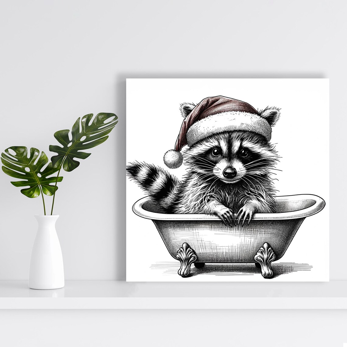 Christmas Raccoon in Bathtub, Bathroom Holiday Art - Image 4