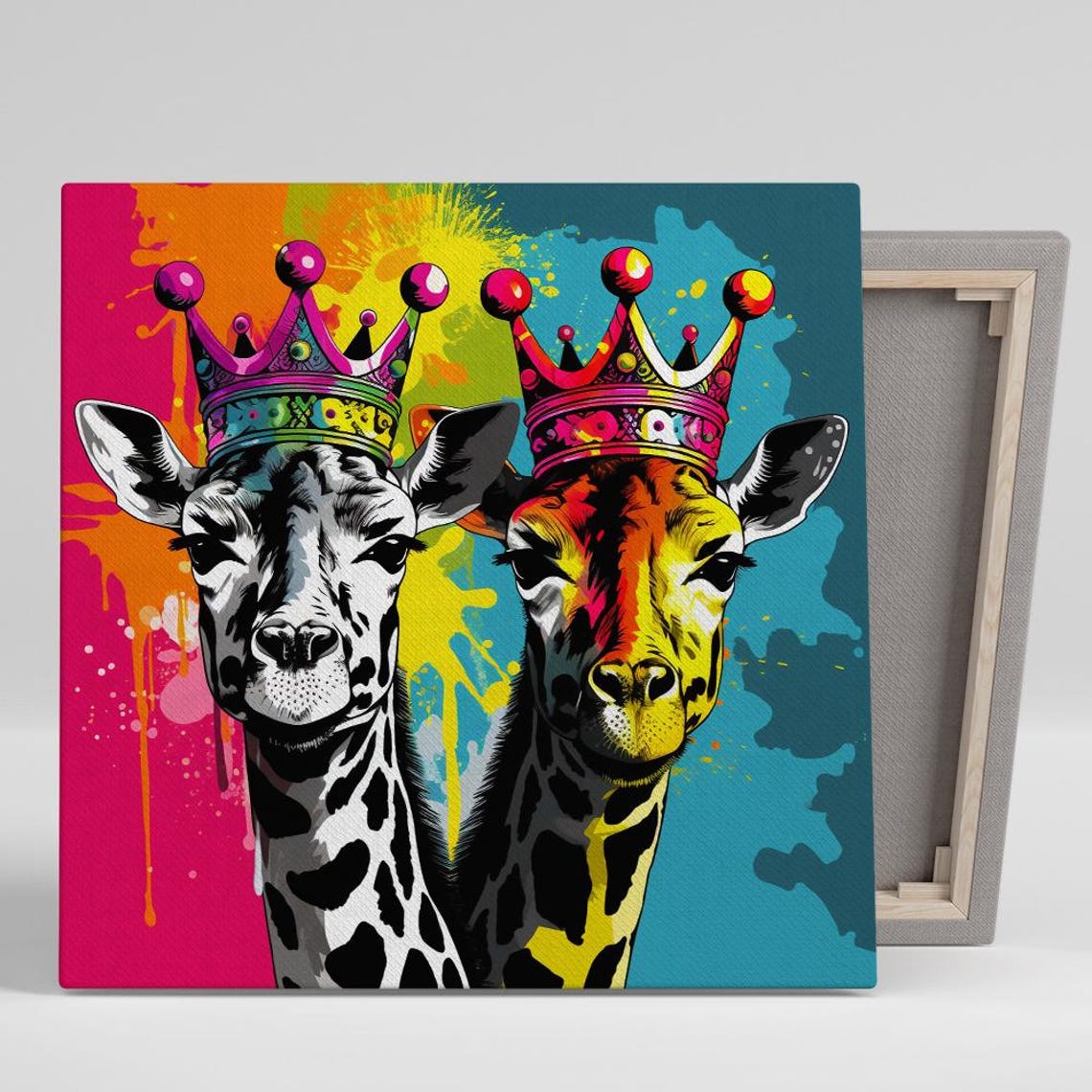 Two Crowned Giraffes Rainbow Splash Pop Art Royal Safari Wall Poster