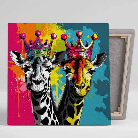 Two Crowned Giraffes Rainbow Splash Pop Art Royal Safari Wall Poster
