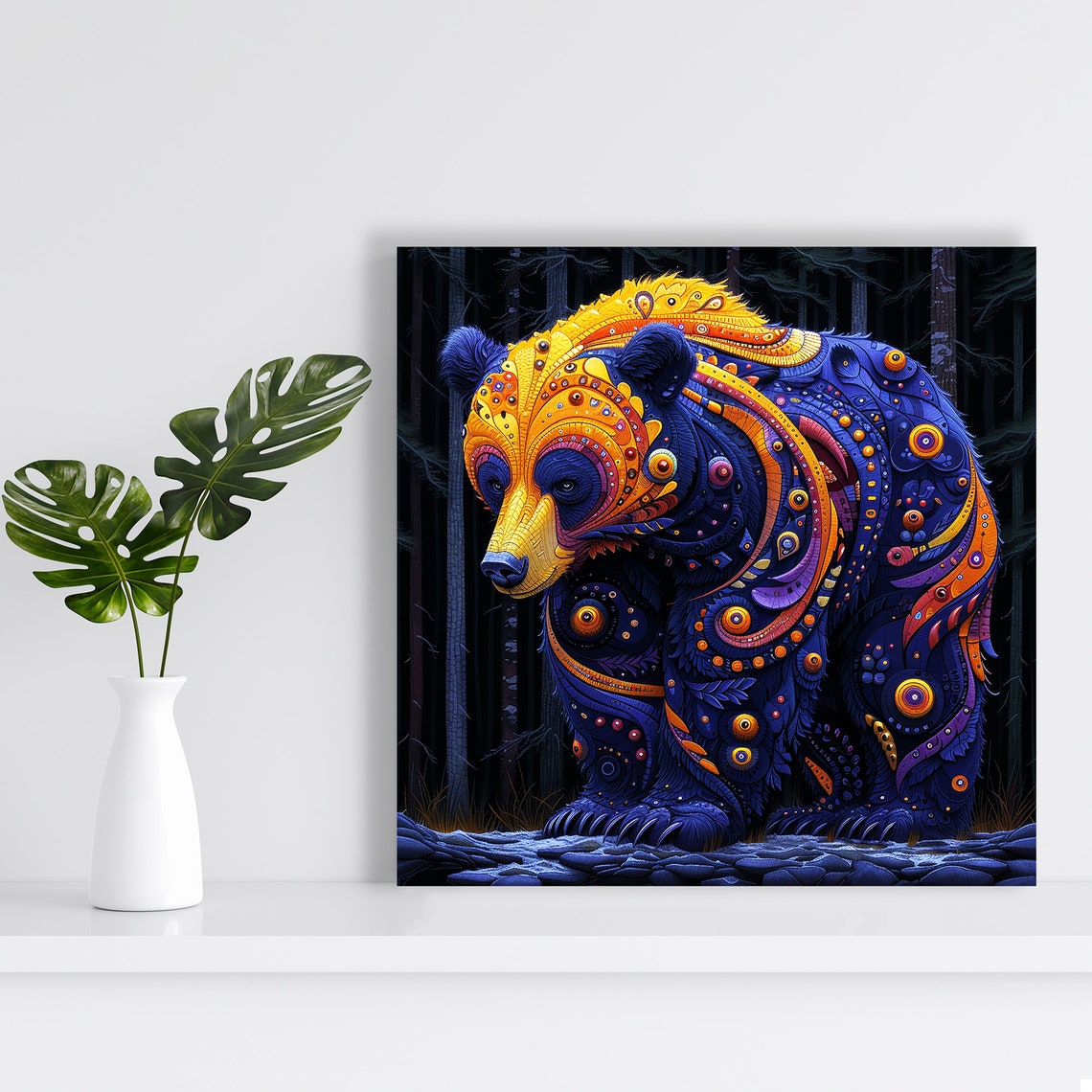 Cosmic Bear Ornate Blue Gold Patterned Night Forest Wall Poster - Image 2