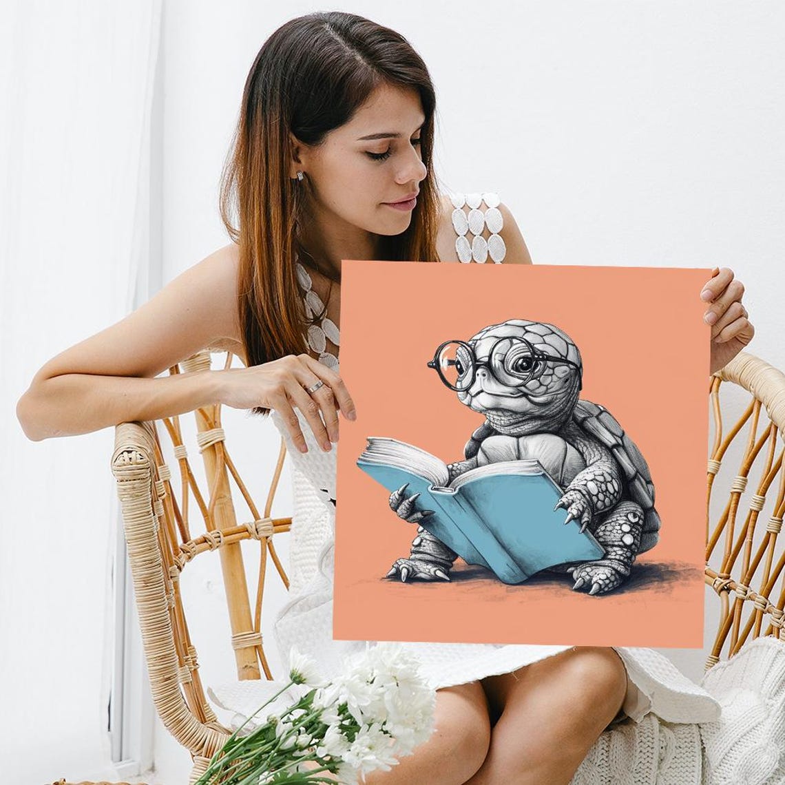 Clever Baby Turtle With Glasses Reading Book Minimalist Art Poster - Image 3