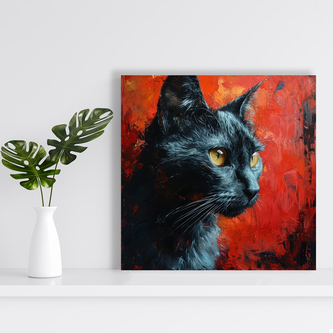 Black Cat Portrait With Golden Eyes On Fiery Red Canvas Art Poster - Image 2