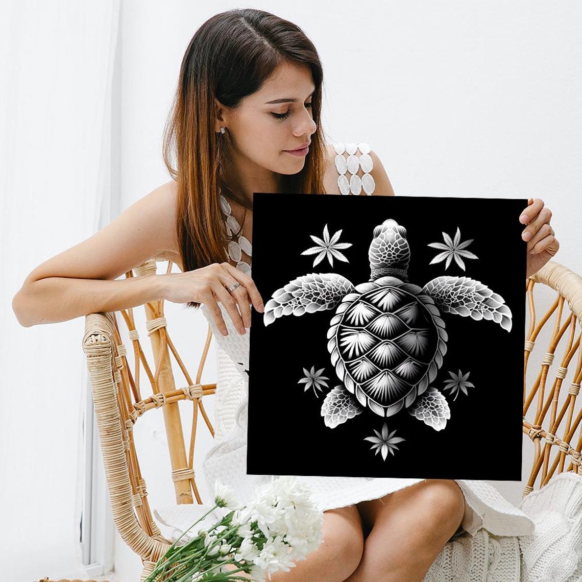 Sea Turtle Mandala Style White Line Art On Black Background Poster - Image 3