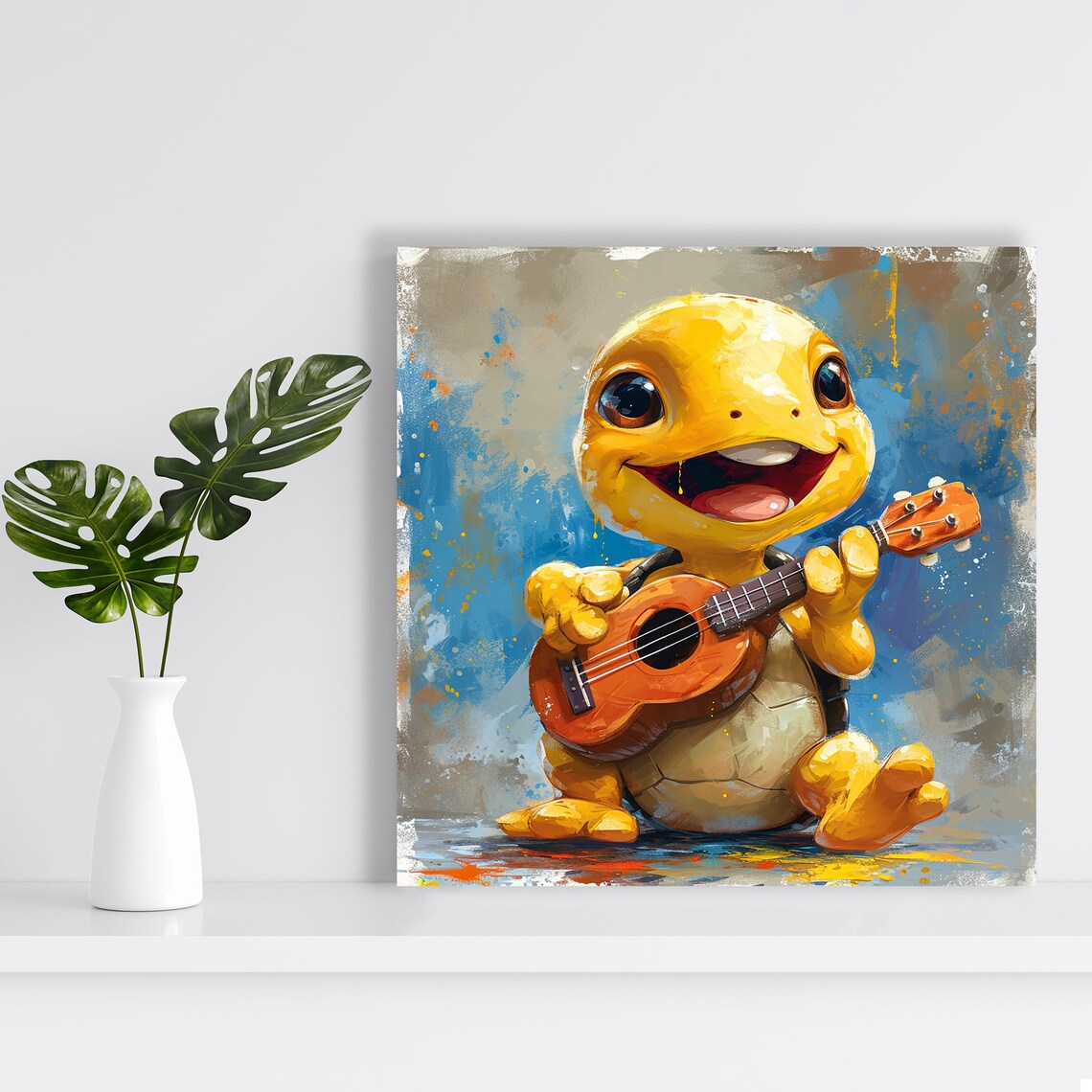 Baby Turtle Playing Ukulele Joyful Music Watercolor Style Art Poster - Image 2