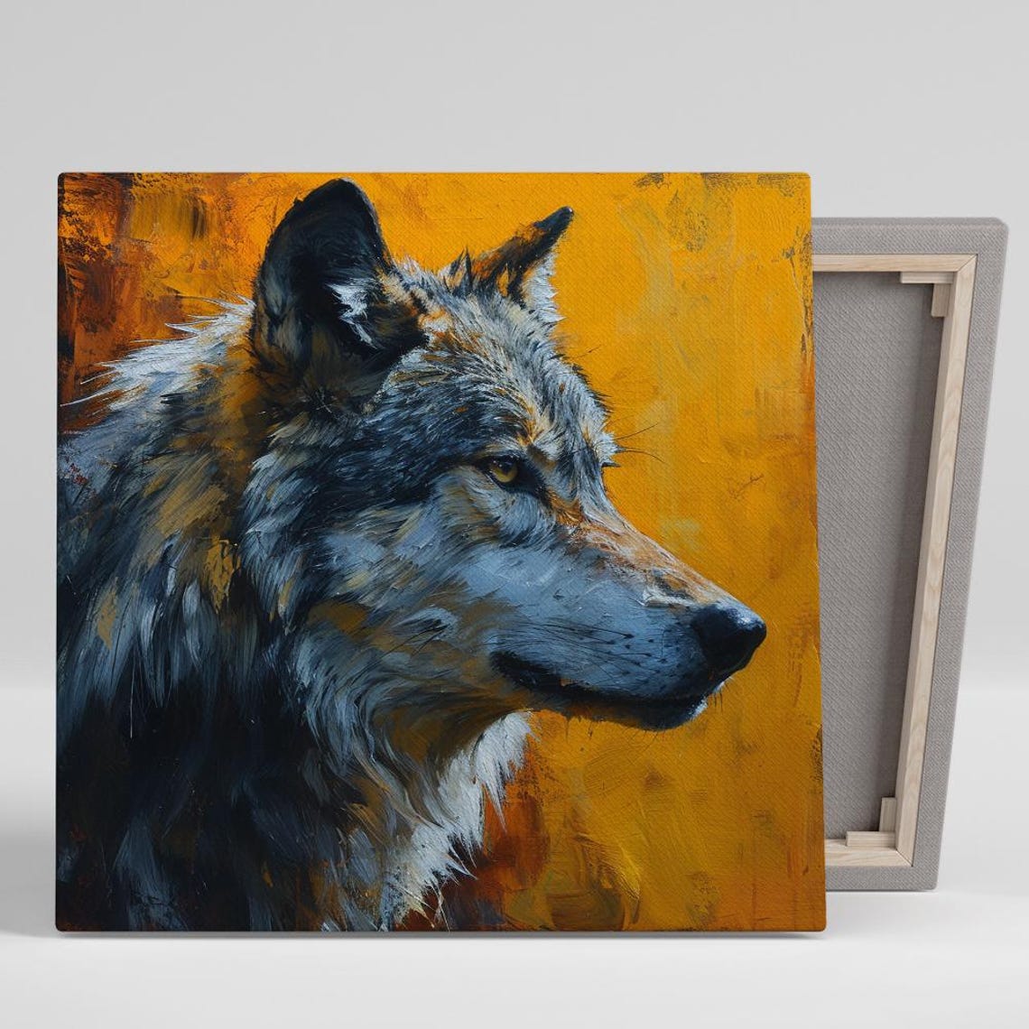 Wild Wolf Profile Oil Painting Golden Yellow Background Art Poster