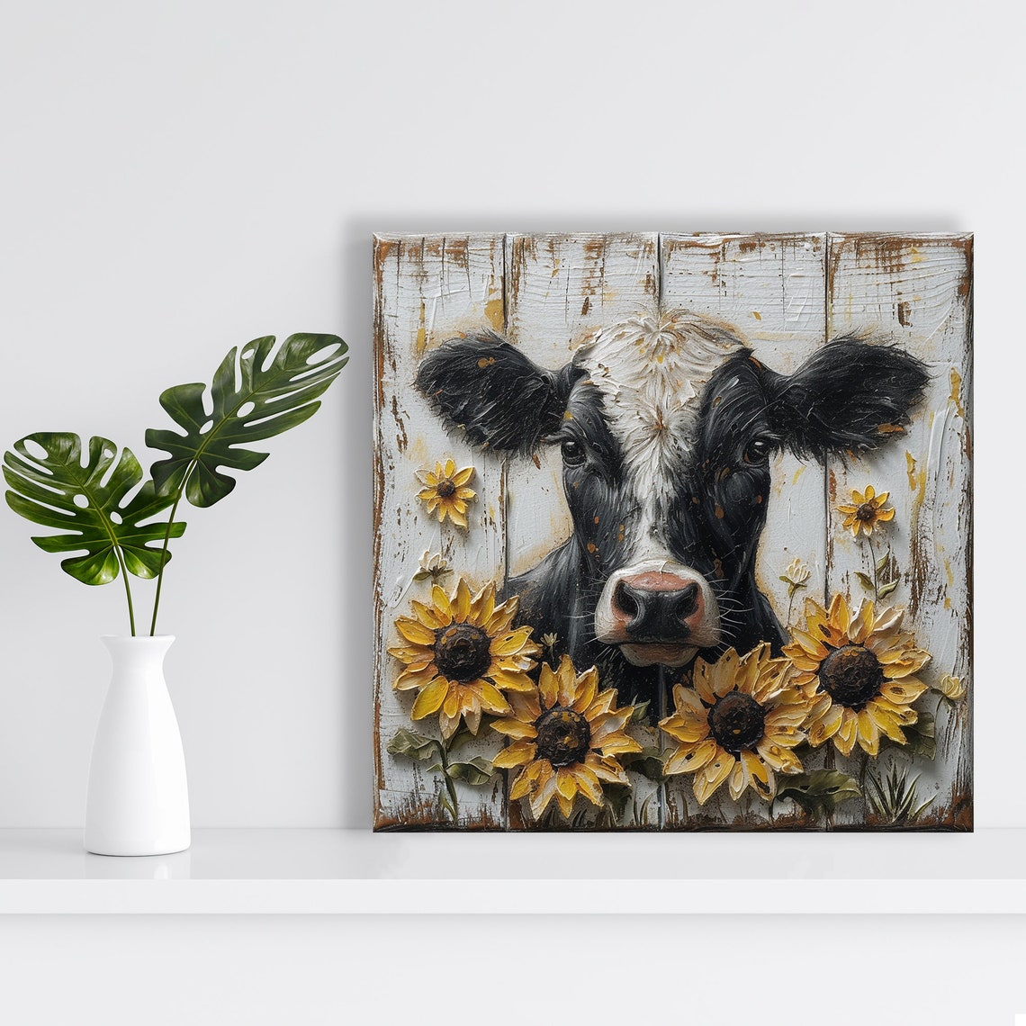 Rustic Black White Cow Sunflowers Farmhouse Wood Plank Art Poster - Image 2