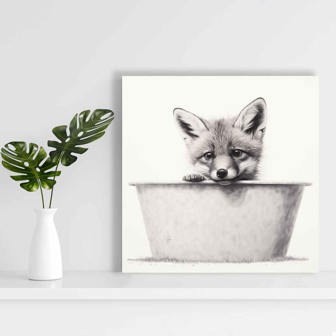 Cute Fox Cub Peeking Over Bucket Grayscale Minimalist Wall Art Print - Image 2