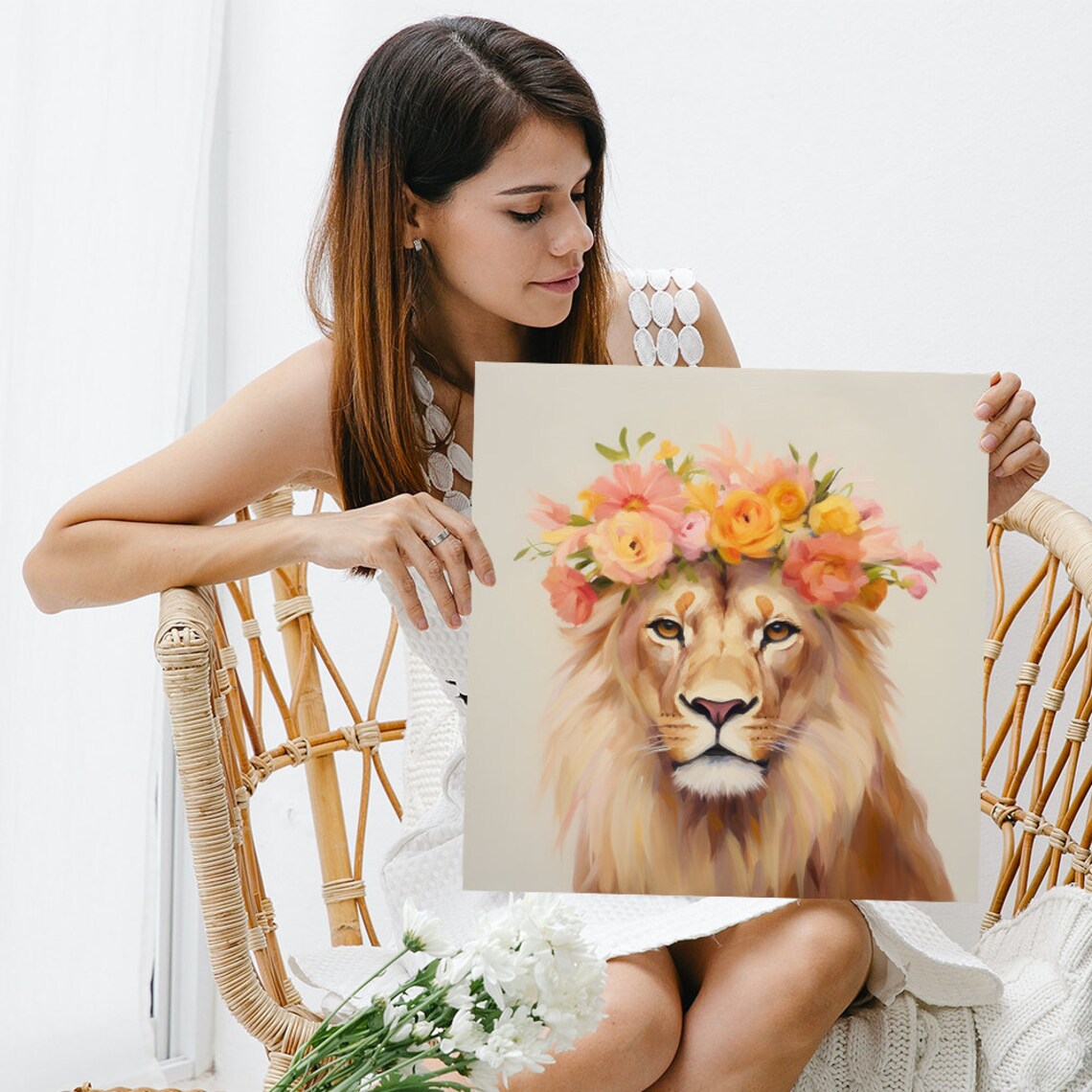 Floral Crown Lion Majesty, Bohemian Art Print - Image 3