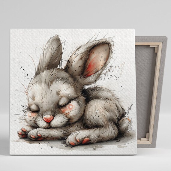 Sleepy Bunny Bliss Curled Up Napping Grey Watercolor Nursery Wall Poster