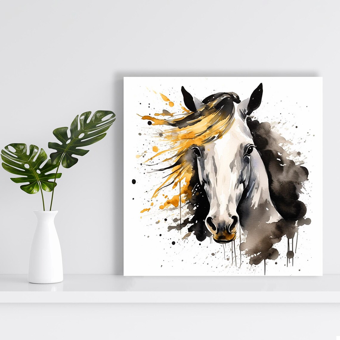 White Horse Head Watercolor Portrait With Golden Splash Accents Poster - Image 2