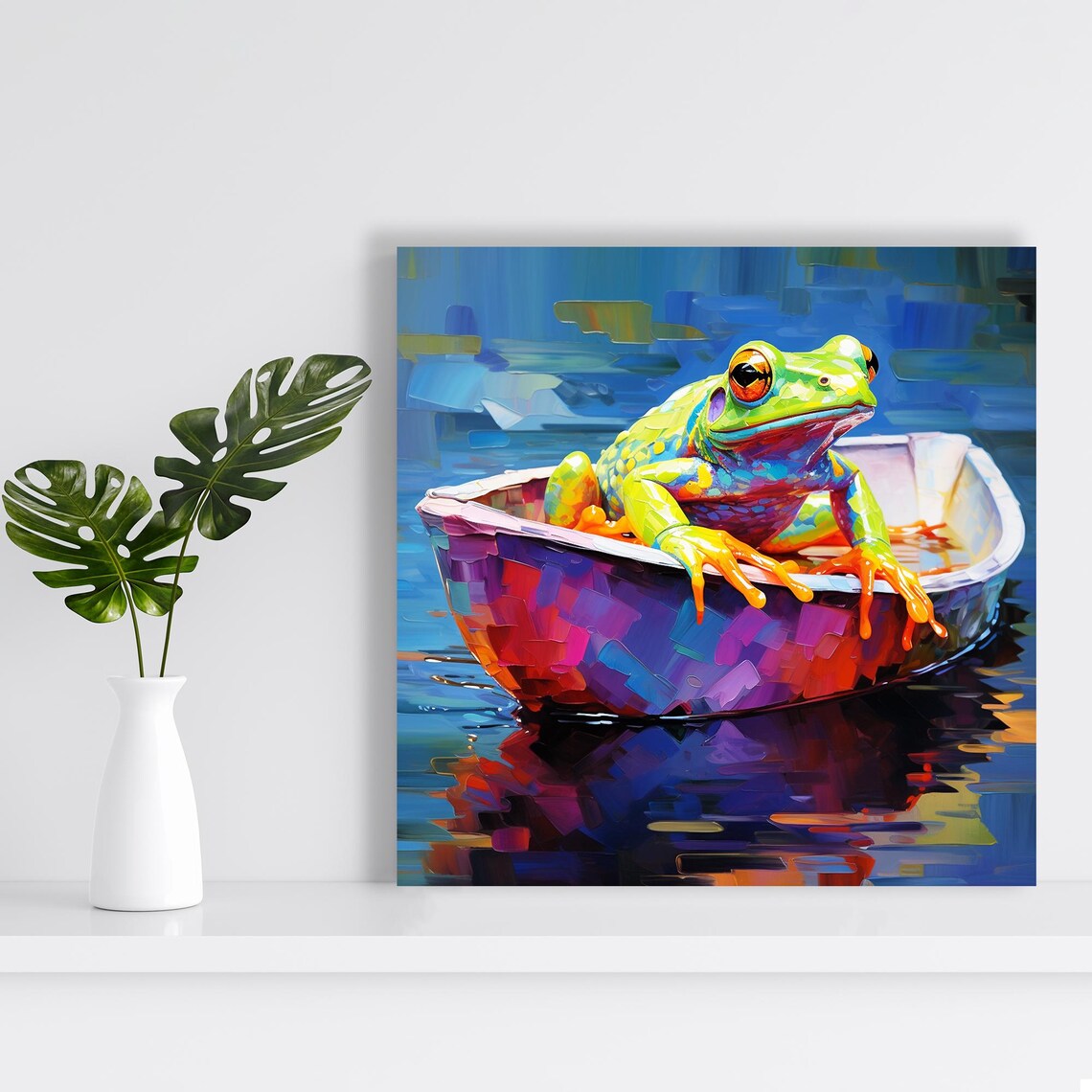Colorful Frog Paper Boat Ride Vibrant Blue Water Fun Animal Art Poster - Image 2