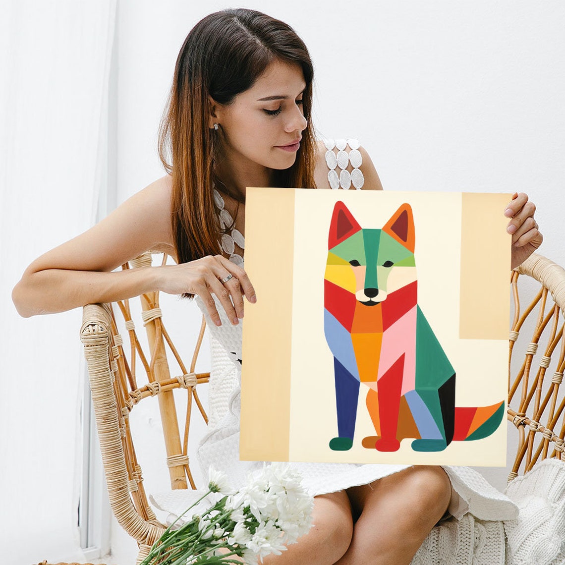 Colorful Geometric Patchwork Fox Sitting Modern Nursery Animal Poster - Image 3