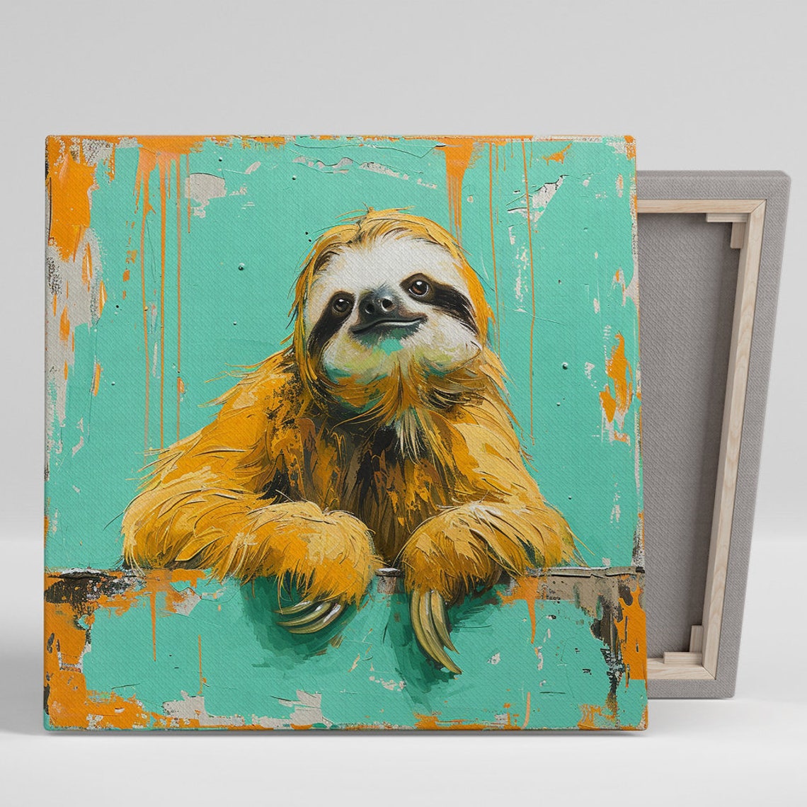 Sloth Peeking Over Ledge Turquoise Orange Bohemian Style Wall Art