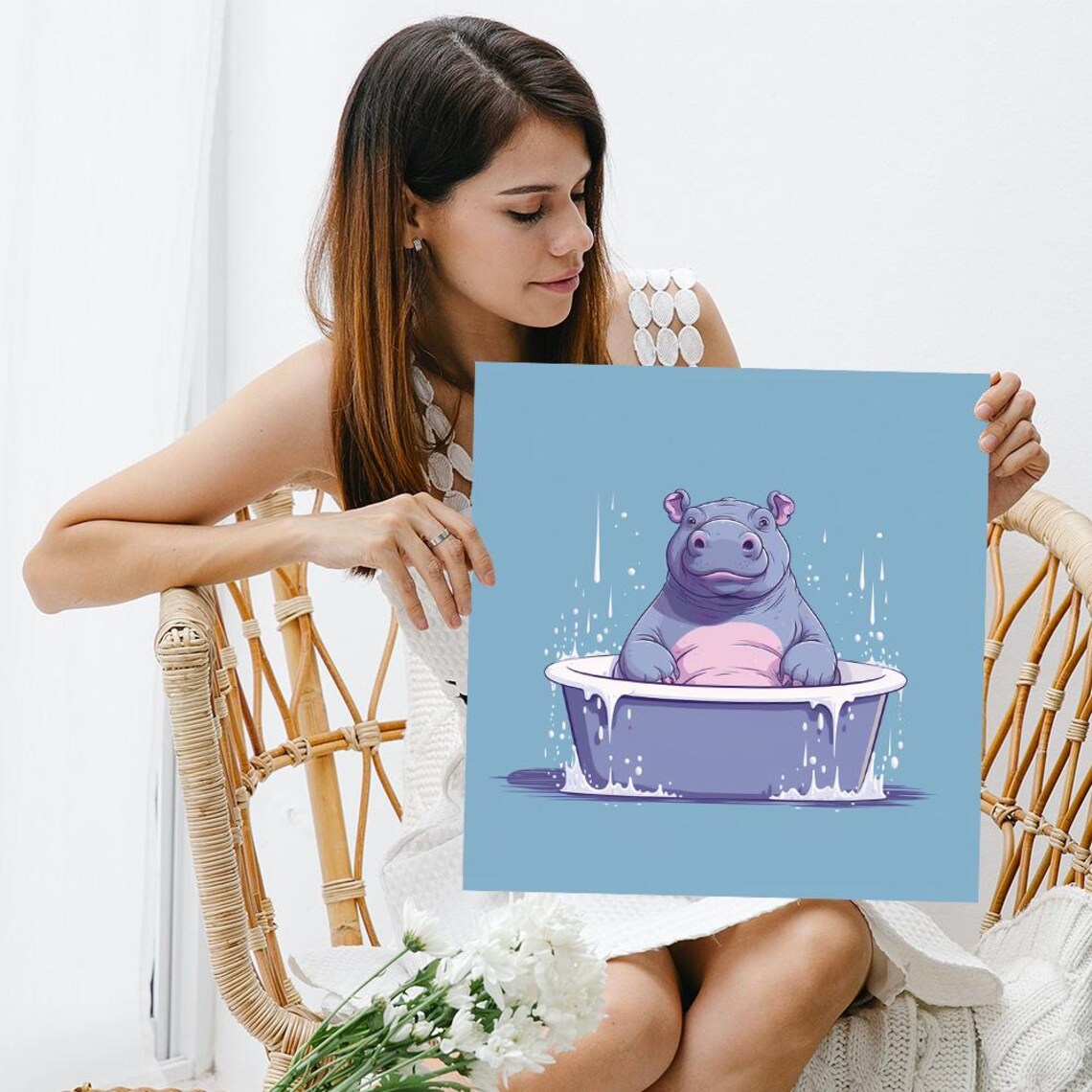 Cute Hippo Bubble Bath Blue Background Whimsical Funny Animal Wall Art Poster - Image 3