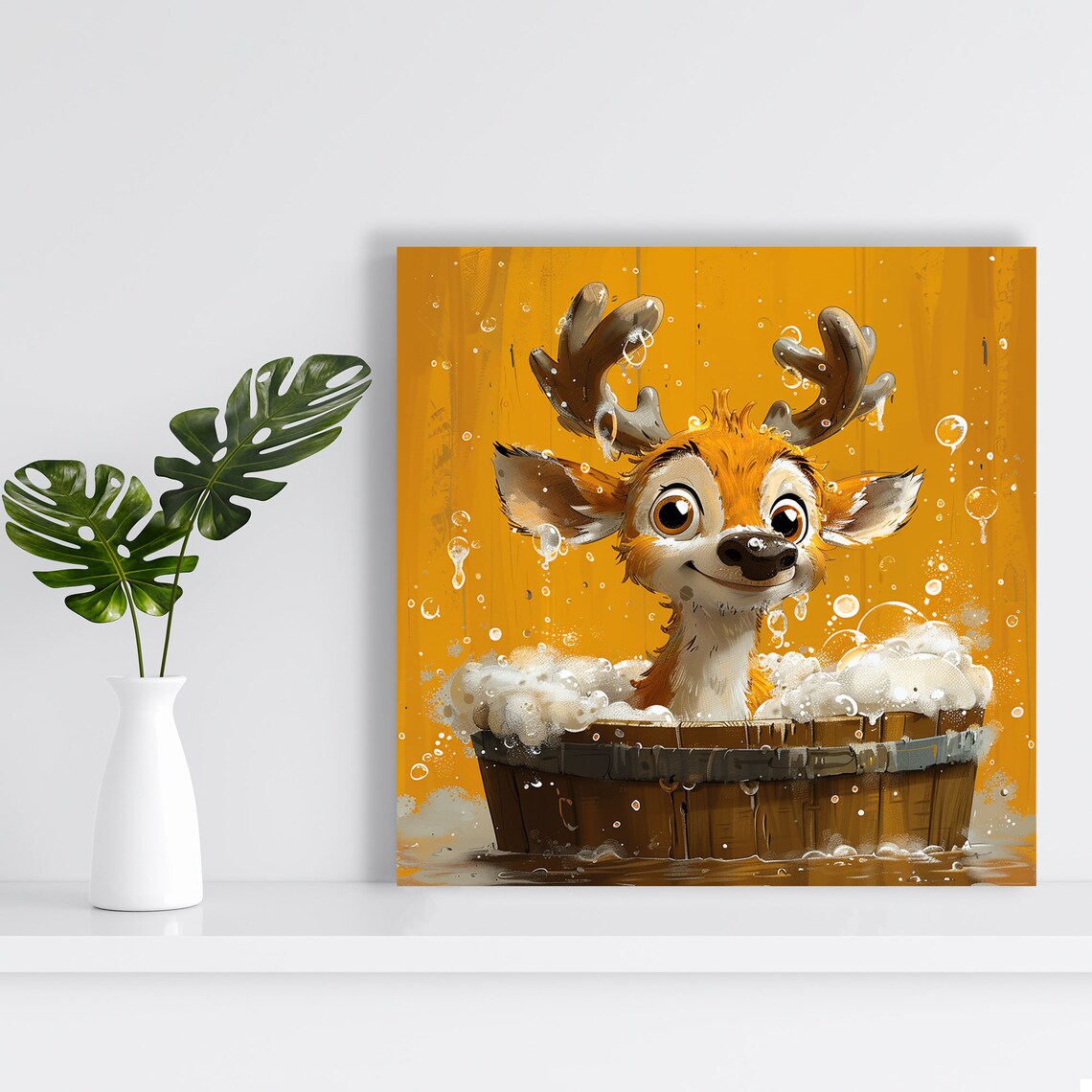 Adorable Baby Moose Bubble Bath Wooden Tub Whimsical Animal Poster - Image 2