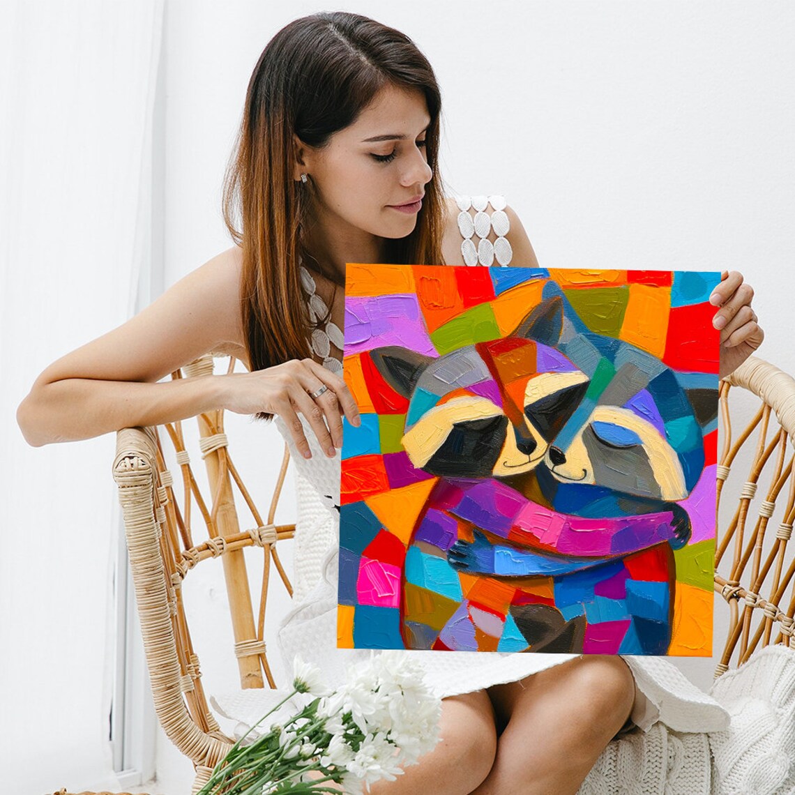 Colorful Geometric Raccoon Hug Vibrant Abstract Pop Animal Art Poster - Image 3
