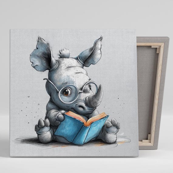 Bookworm Rhinos Adventure Art Or Poster Whimsical Animal Decor Childrens Room Nursery Library Office Wall Art Blue Gray Orange