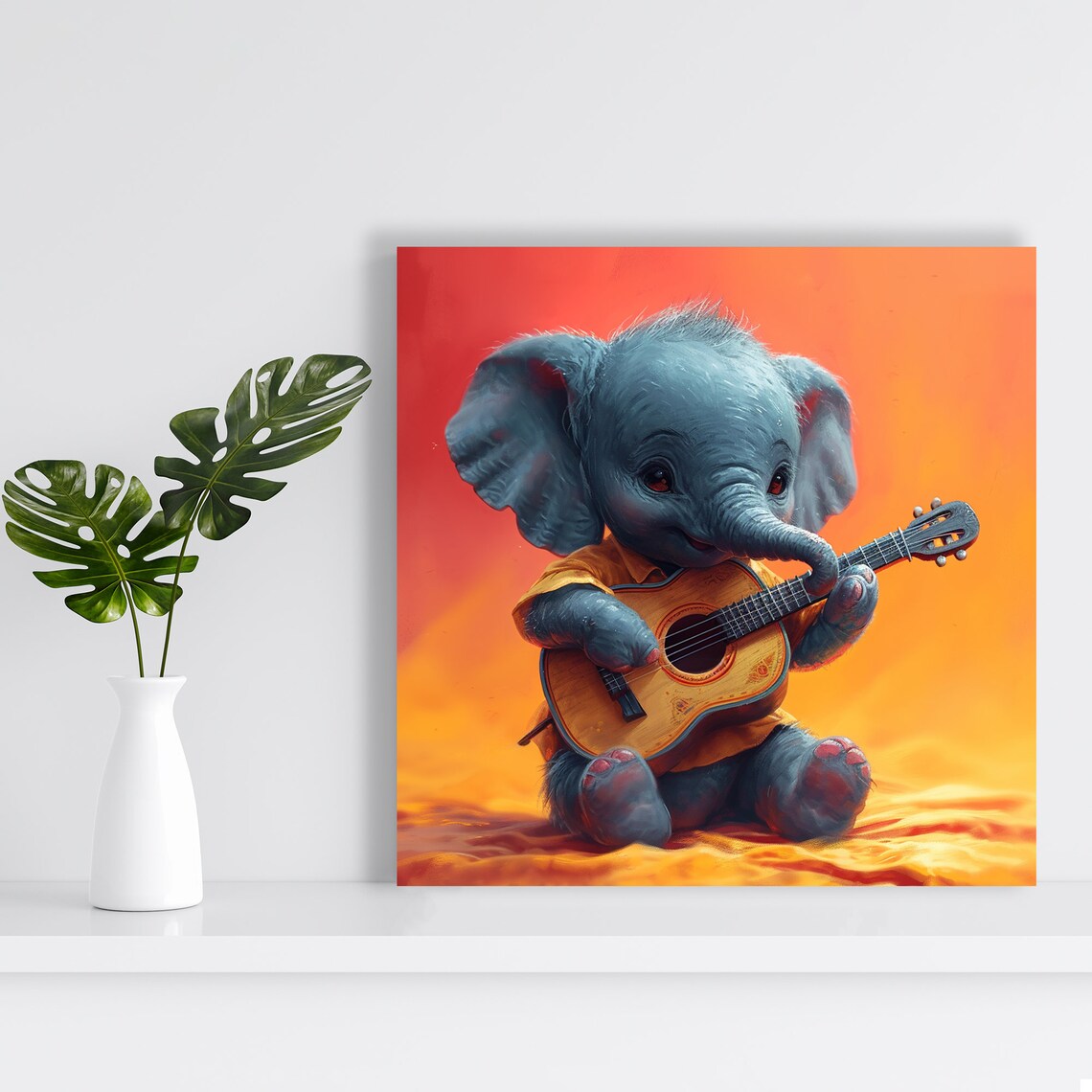 Baby Elephant Guitar Serenade Warm Sunset Nursery Animal Music Poster - Image 2