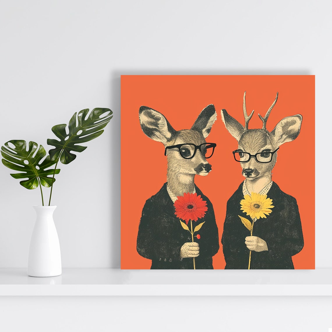 Hipster Deer Duo In Glasses Blazers Holding Flowers Retro Poster - Image 2