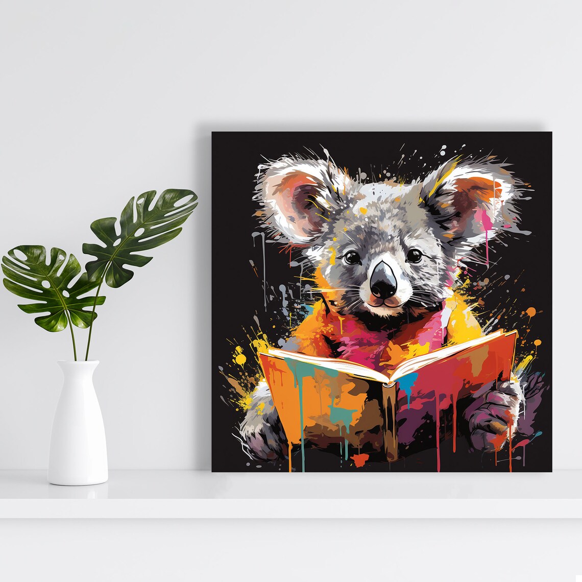 Colorful Koala Reading a Book Paint Splatter Art Poster for Book Lovers - Image 2
