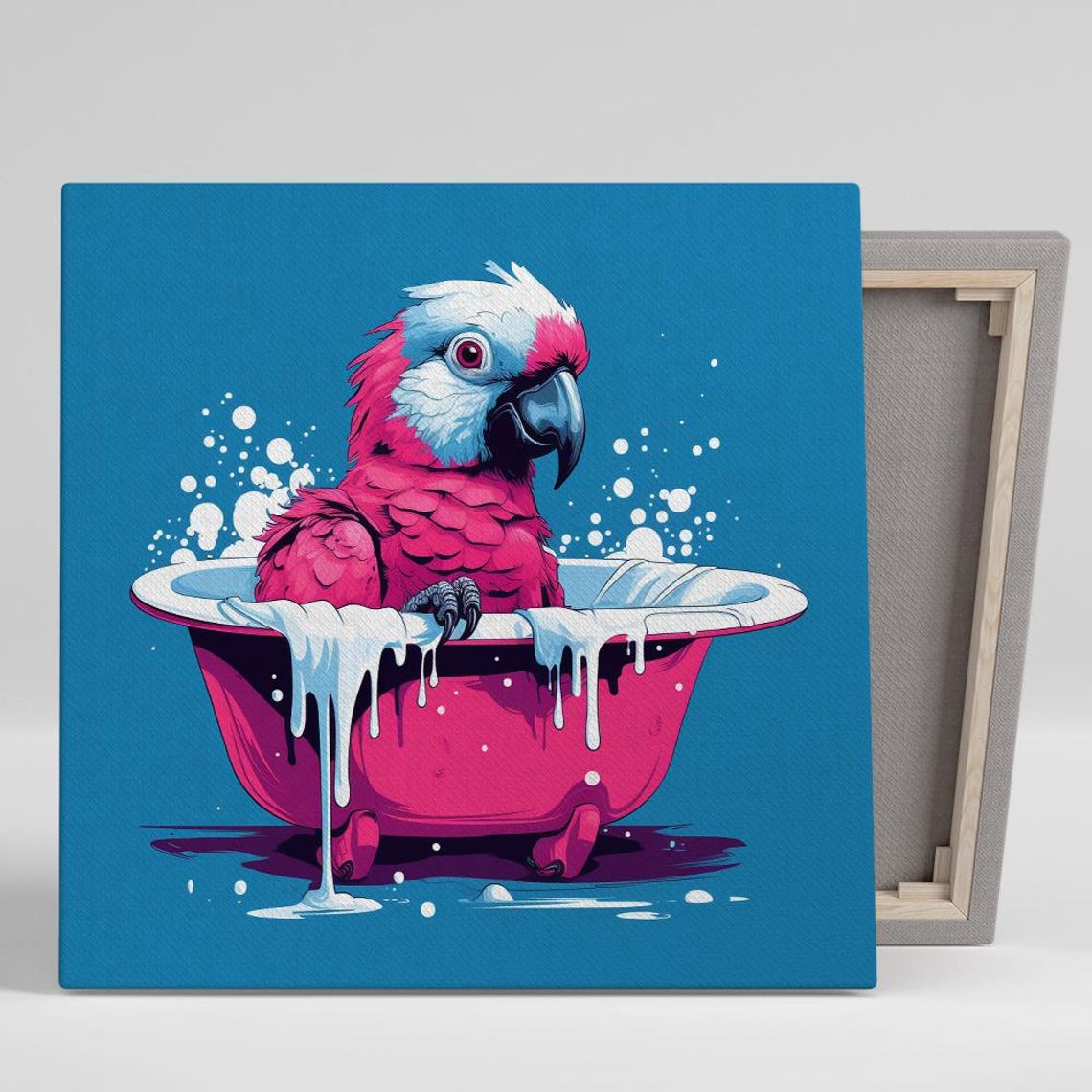 Pink Parrot Bubble Bath Splash Fun Blue Pop Whimsical Bird Art Poster