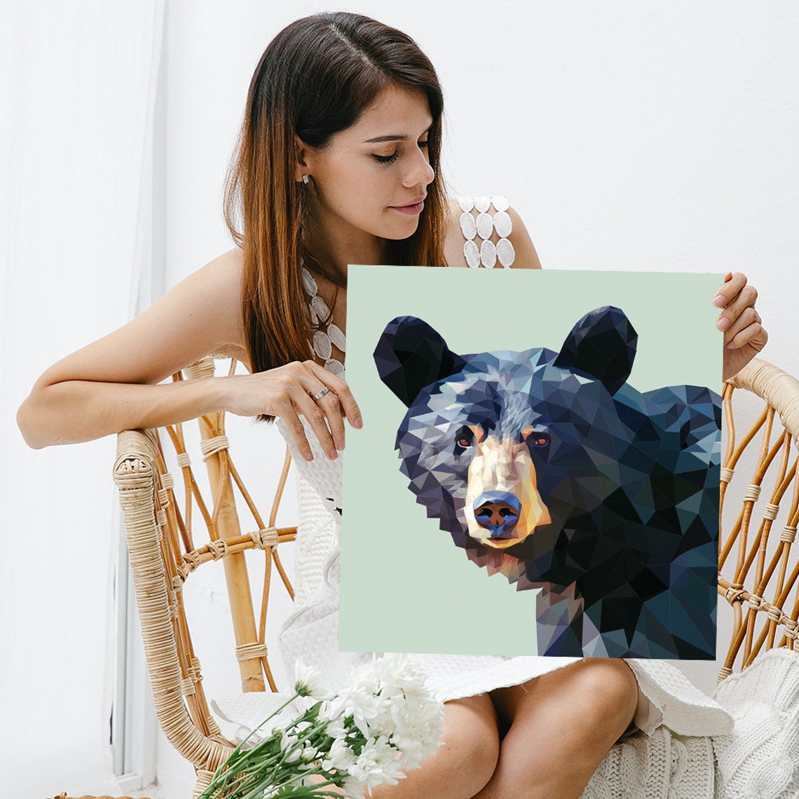 Geometric Blue Bear Portrait Faceted Black Modern Rustic Wall Poster - Image 3