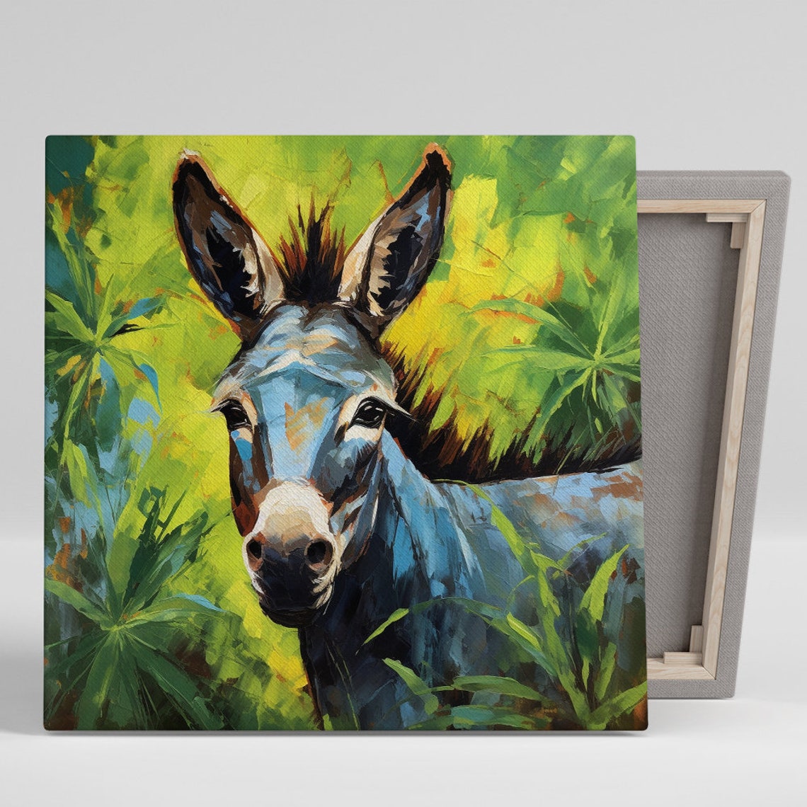 Donkey in Lush Green Jungle Painterly Wildlife Portrait Art Poster