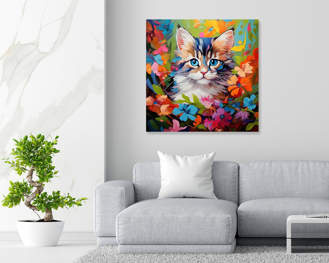 Floral Cat Art Print, Living Room Animal Decor - Image 2