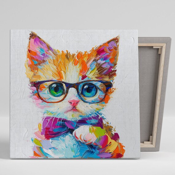 Colorful Hipster Kitten With Glasses Bow Tie Fun Wall Art Poster