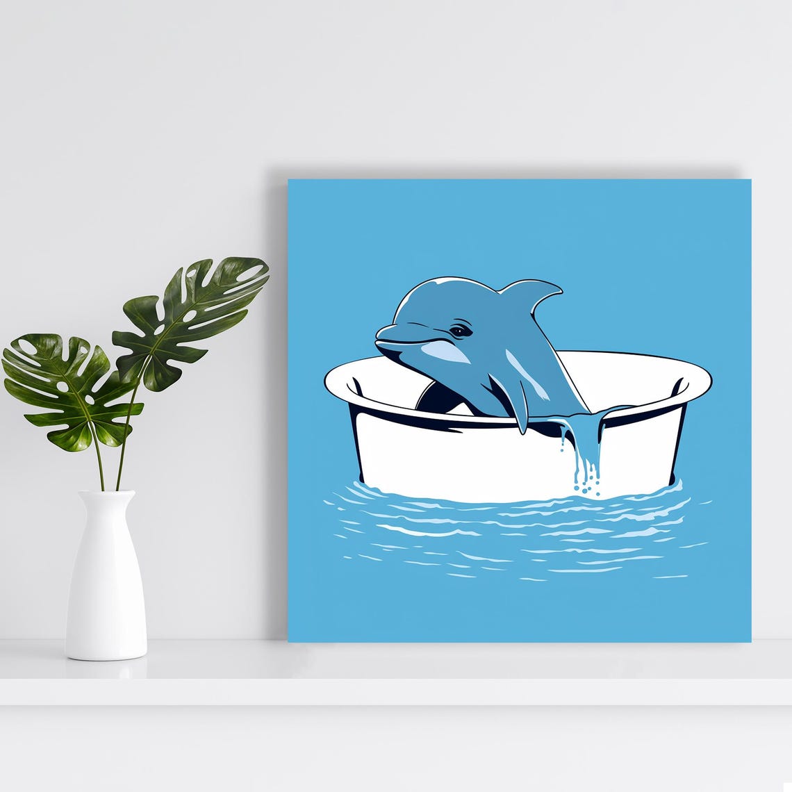 Blue Dolphin Splashing In White Bathtub Cute Whimsical Poster - Image 2