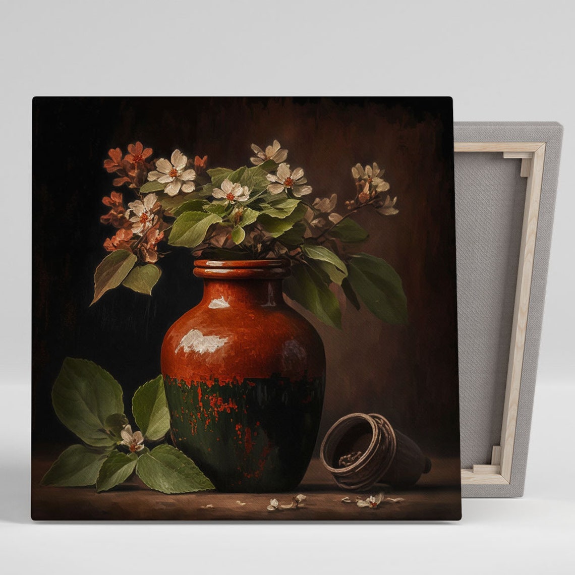 White Blossom Branches Red Glazed Bottle Vase Spring Still Life Poster