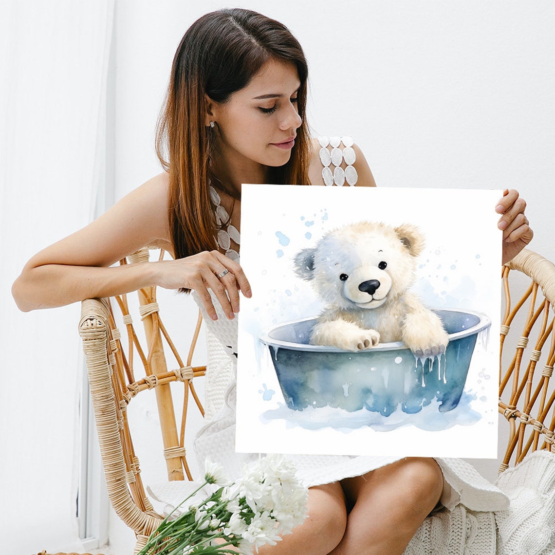 Cute Polar Bear Cub Bubble Bath Nursery Watercolor Animal Poster - Image 3