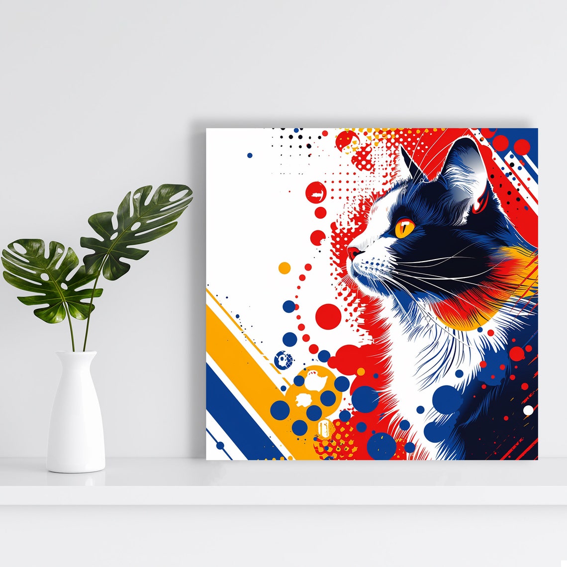 Pop Art Cat Halftone Dots Red Blue Yellow Bold Feline Wall Poster - Image 2