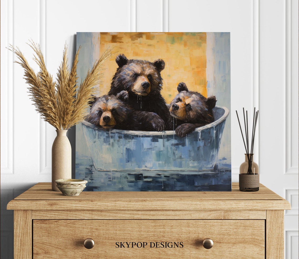 Three Cute Bears Bath Time Funny Blue Bathroom Animal Canvas Poster - Image 2