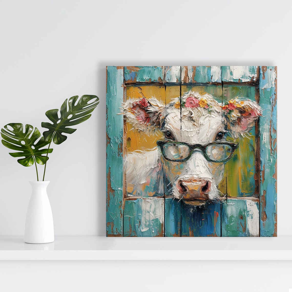 Cow With Glasses Flower Crown Impasto Oil Rustic Farm Wall Poster - Image 2