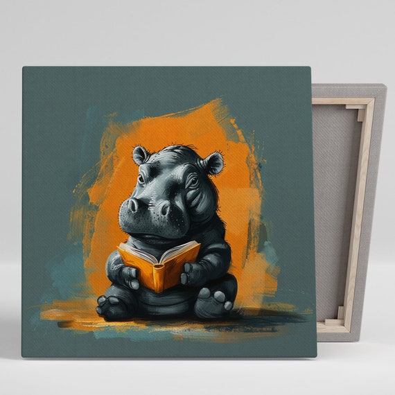 Hippopotamus Art Or Poster Whimsical Contemporary Decor Office Library Children Room Living Room Wall Art Grey Orange Black White