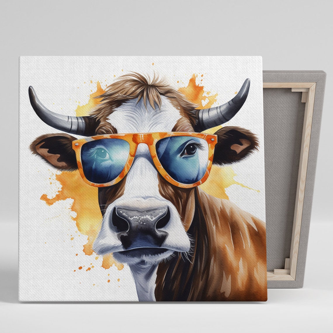 Cow Wearing Orange Sunglasses Fun Watercolor Pop Animal Poster