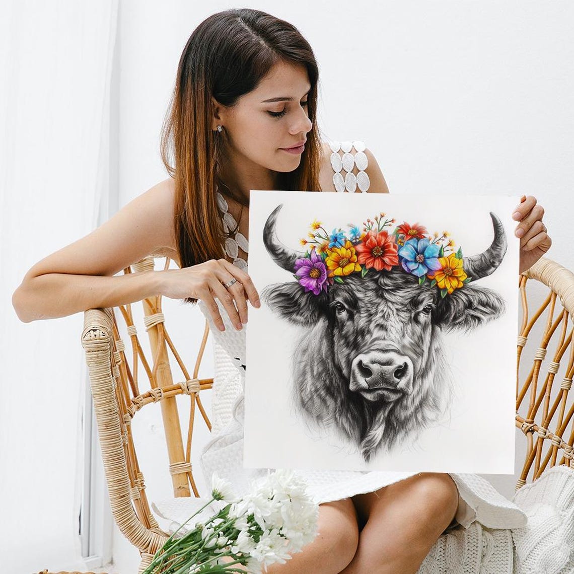 Highland Cow Floral Crown Grayscale Wildflower Rustic Farm Wall Poster - Image 3