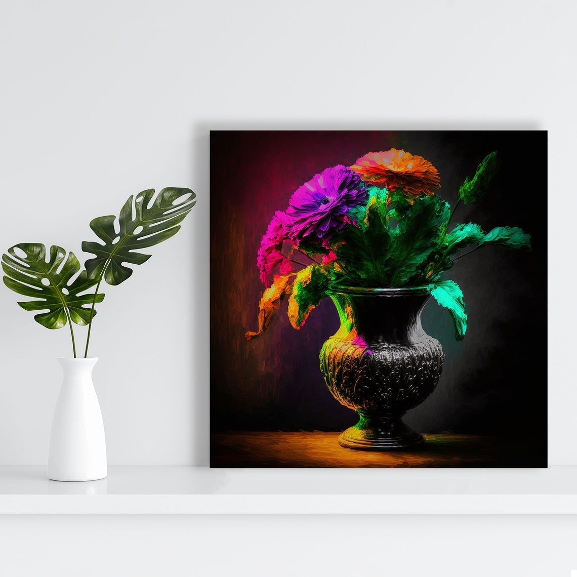 Purple Orange Flower Bouquet In Dark Urn Vase Dramatic Art Poster - Image 4