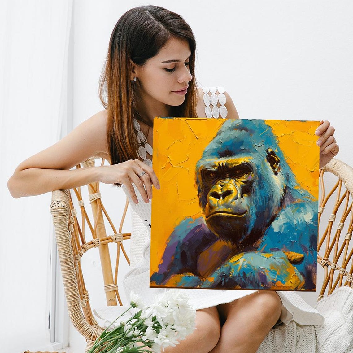 Blue Gorilla Impasto Oil Painting Bold Gold Background Primate Poster - Image 3
