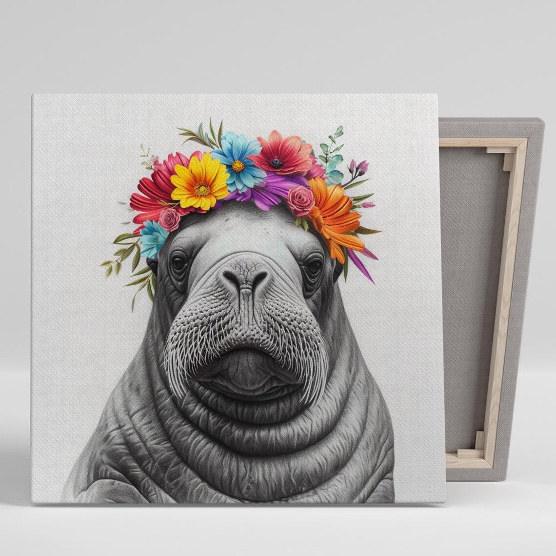 Walrus Floral Crown Whimsical Rustic Art Print