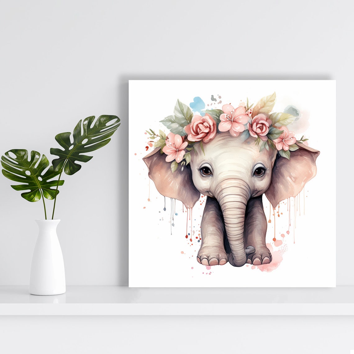 Baby Elephant Flower Crown Watercolor Soft Pink Nursery Poster - Image 2