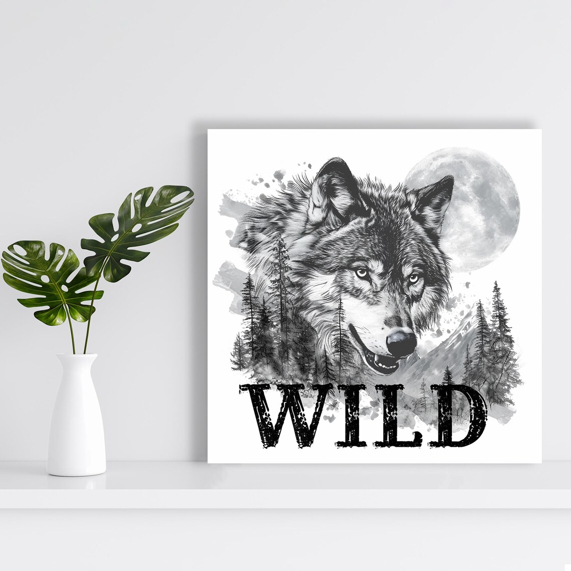 Majestic Wolf Head Full Moon Mountains Wild Lettering Black White Art Print - Image 2