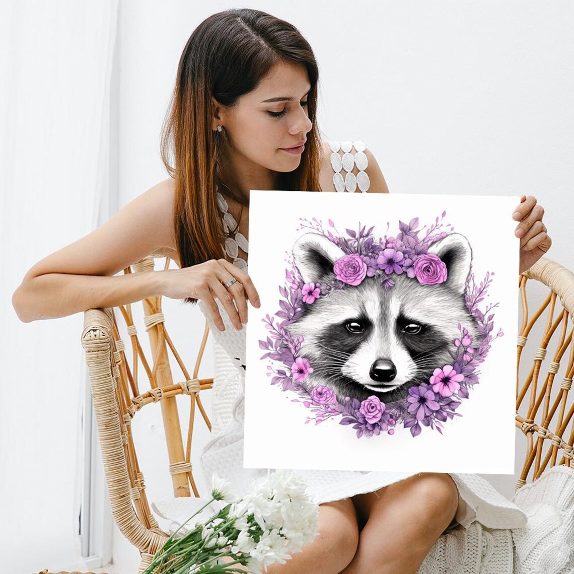 Sweet Raccoon Portrait Purple Floral Wreath Roses Bohemian Wall Art Print - Image 3