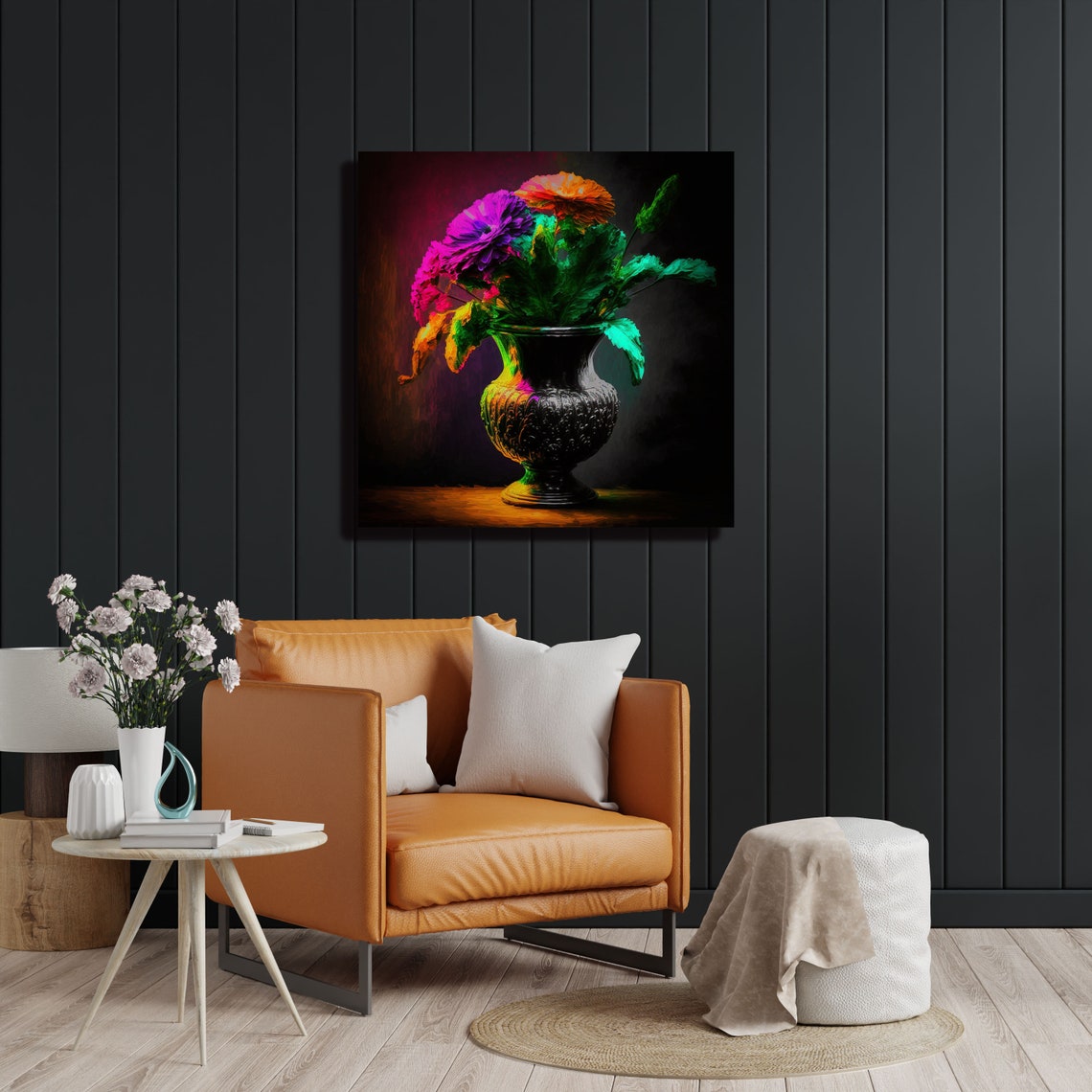 Purple Orange Flower Bouquet In Dark Urn Vase Dramatic Art Poster - Image 3