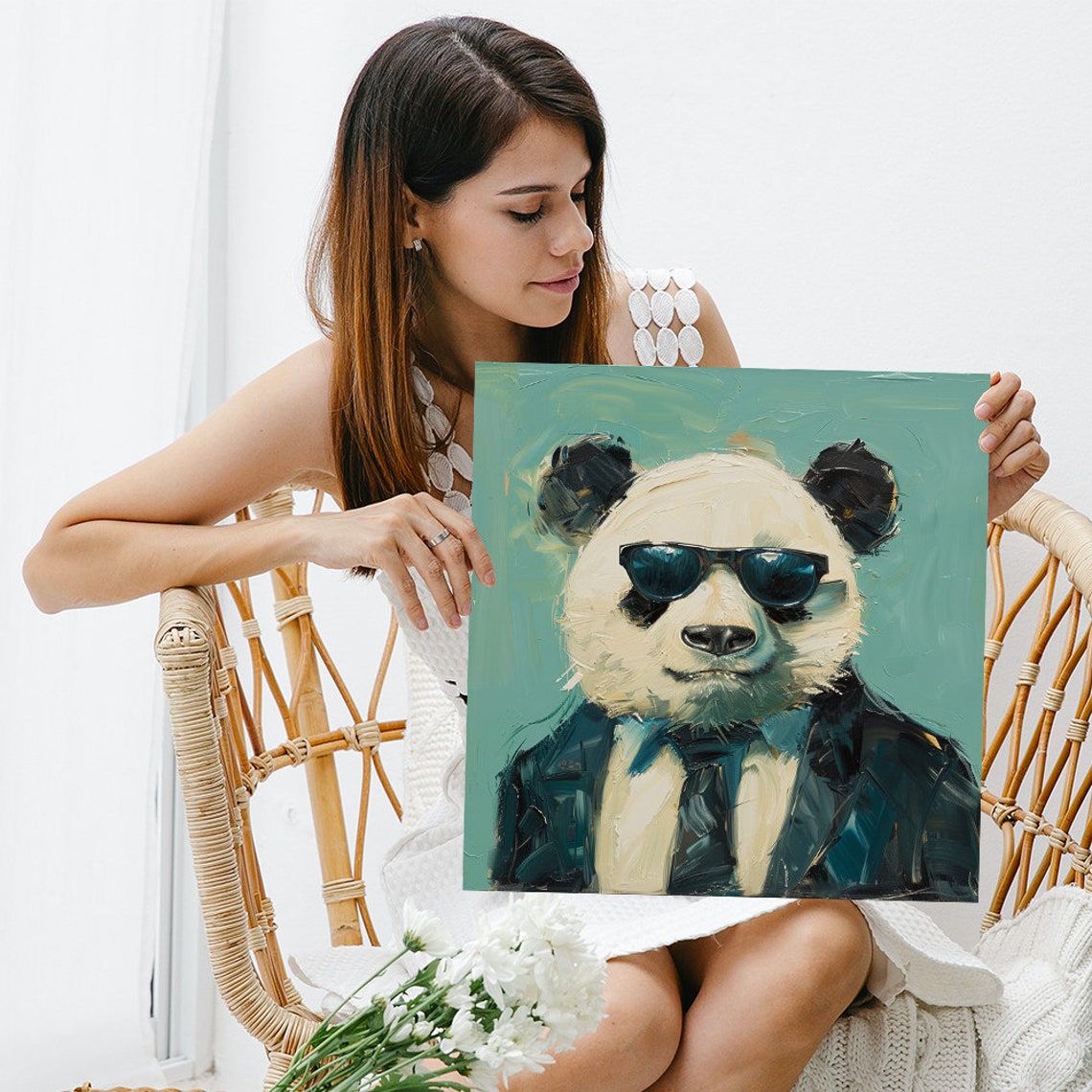 Panda Sunglasses Sharp Suit Cool Confident Painterly Office Wall Art - Image 3