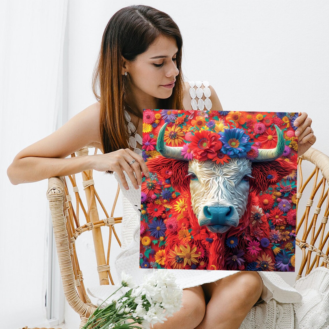 Highland Cow Red Hair Among Colorful Wildflowers Bohemian Wall Poster - Image 3