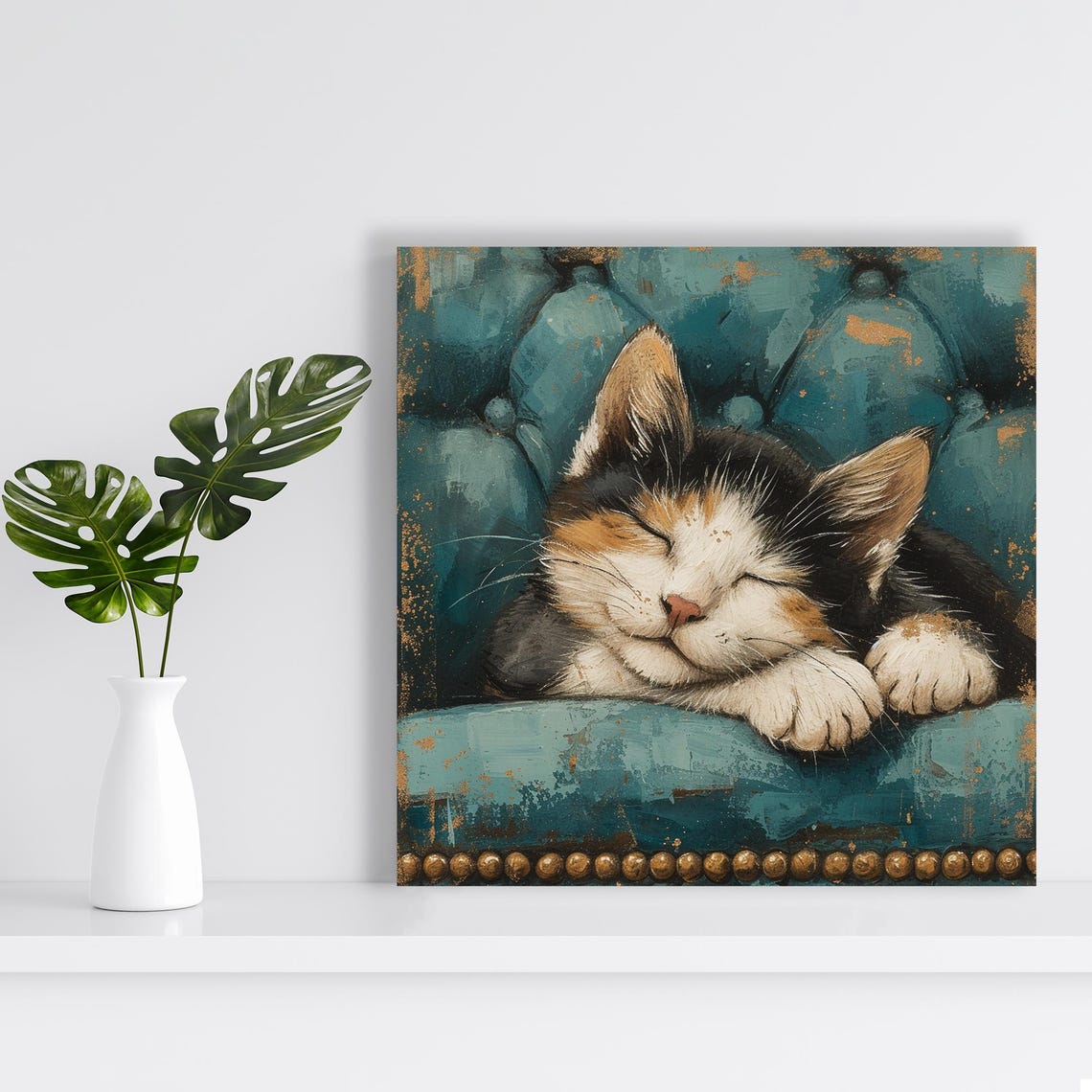Sleeping Calico Kitten On Teal Armchair Cozy Whimsical Cat Poster - Image 2